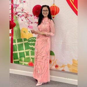ao dai chiffon chi phong, Vietnamese traditional long dress set m 2 peach pink